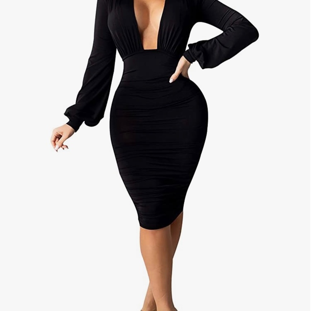 Deep V Black Midi Dress